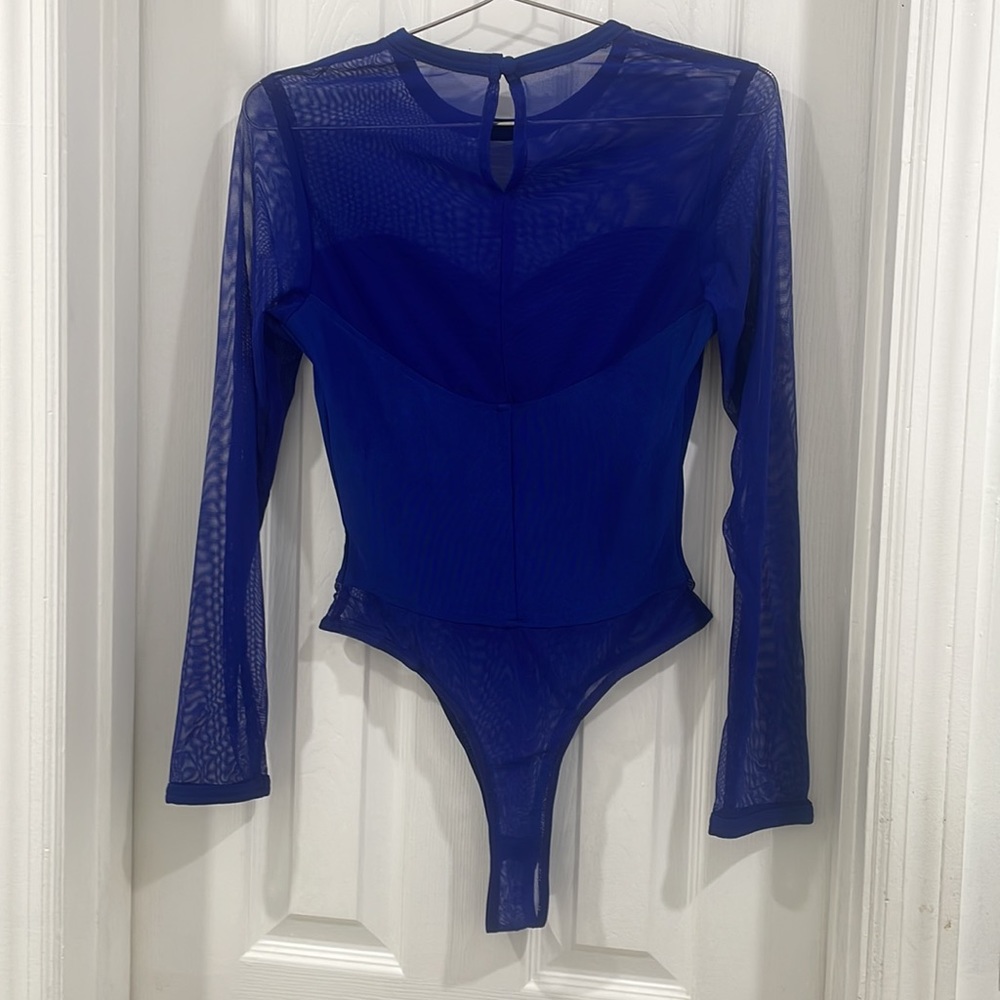 Royal Blue Mesh Bodysuit 80s Vintage Size Large Gem